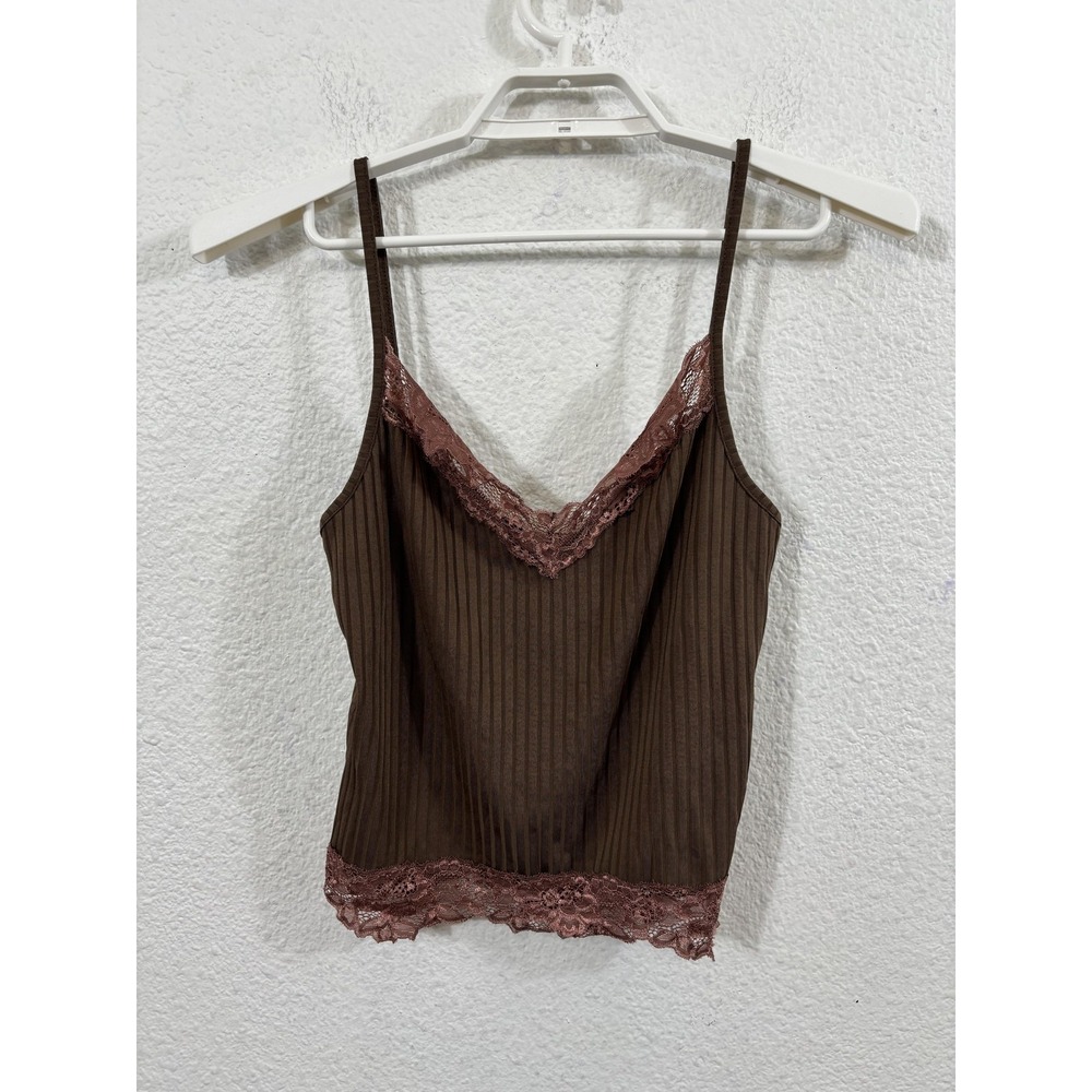 Y2K Style Cami Shirt Womens XS‎ Brown Pink Lace Trim Ribbed Tank Top Camisole